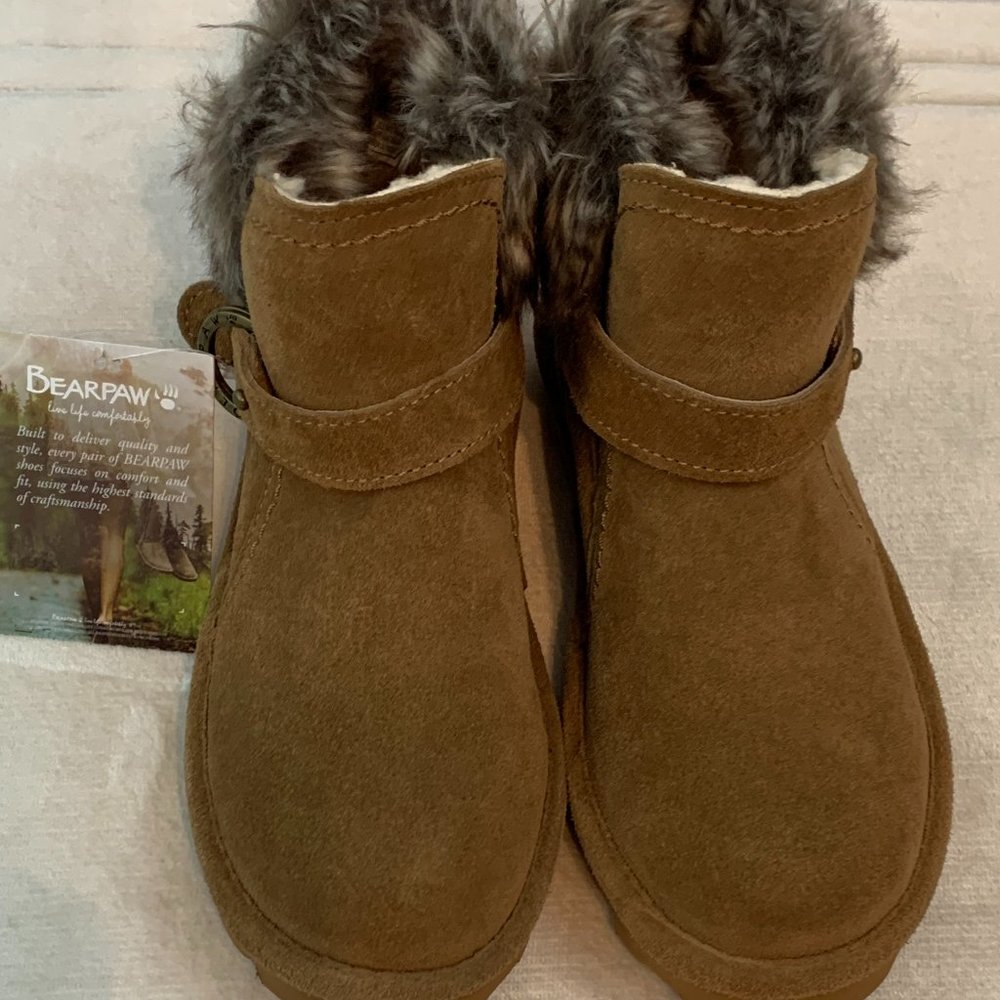 NEW! Women’s Bear Paw Koko Snow Boots Brown Cognac Suede Leather Size 5